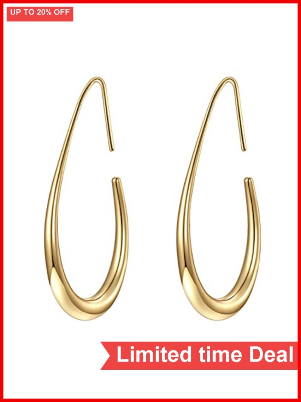 Lightweight Teardrop Hoop Earrings for Women - 14K Gold Plated Large Oval Pull